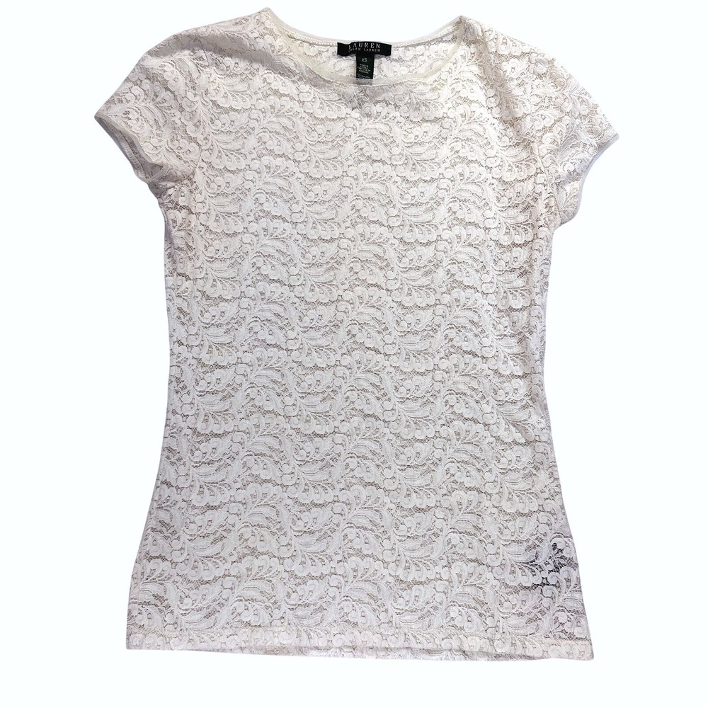 Lauren Ralph Lauren Top Womens XS Cream Floral Lace Short Sleeve Stretch Blouse